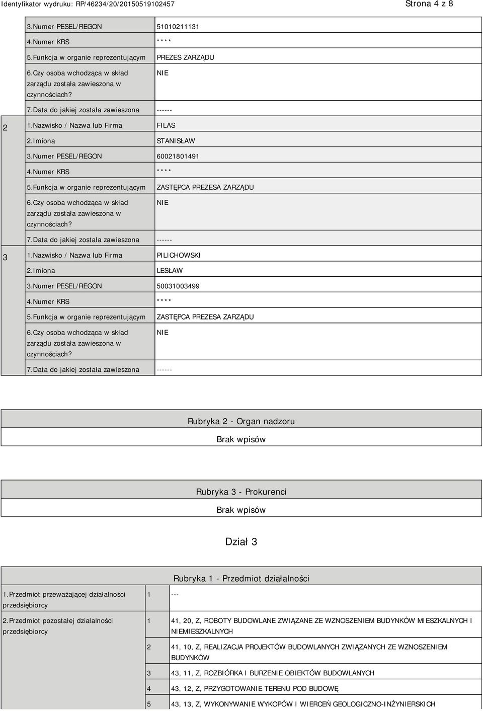 Czy osoba wchodząca w skład zarządu została zawieszona w czynnościach? ZASTĘPCA PREZESA ZARZĄDU 7.Data do jakiej została zawieszona ------ 3 1.Nazwisko / Nazwa lub Firma PILICHOWSKI LESŁAW 3.
