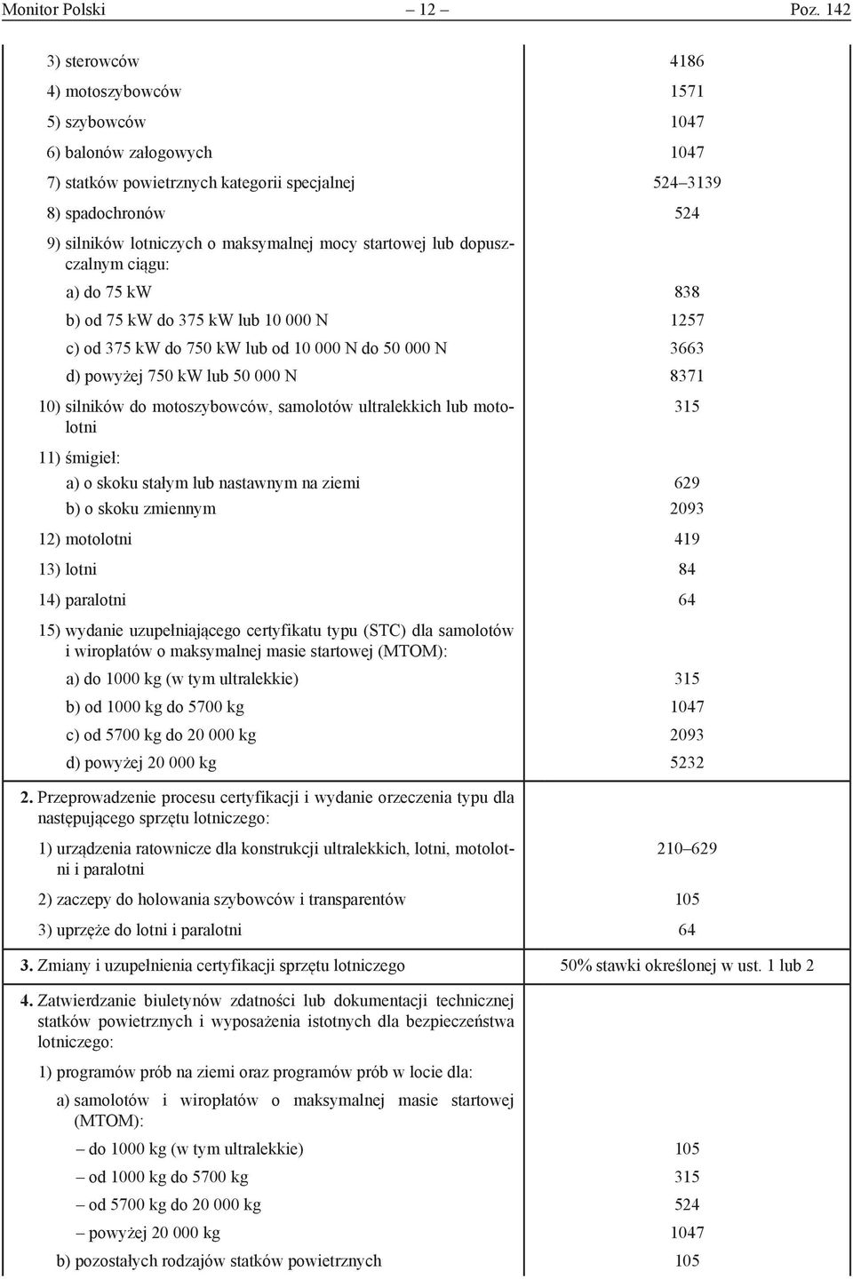 ciągu: a) do 75 kw b) od 75 kw do 375 kw lub 10 000 N c) od 375 kw do 750 kw lub od 10 000 N do 50 000 N d) powyżej 750 kw lub 50 000 N 10) silników do motoszybowców, samolotów ultralekkich lub