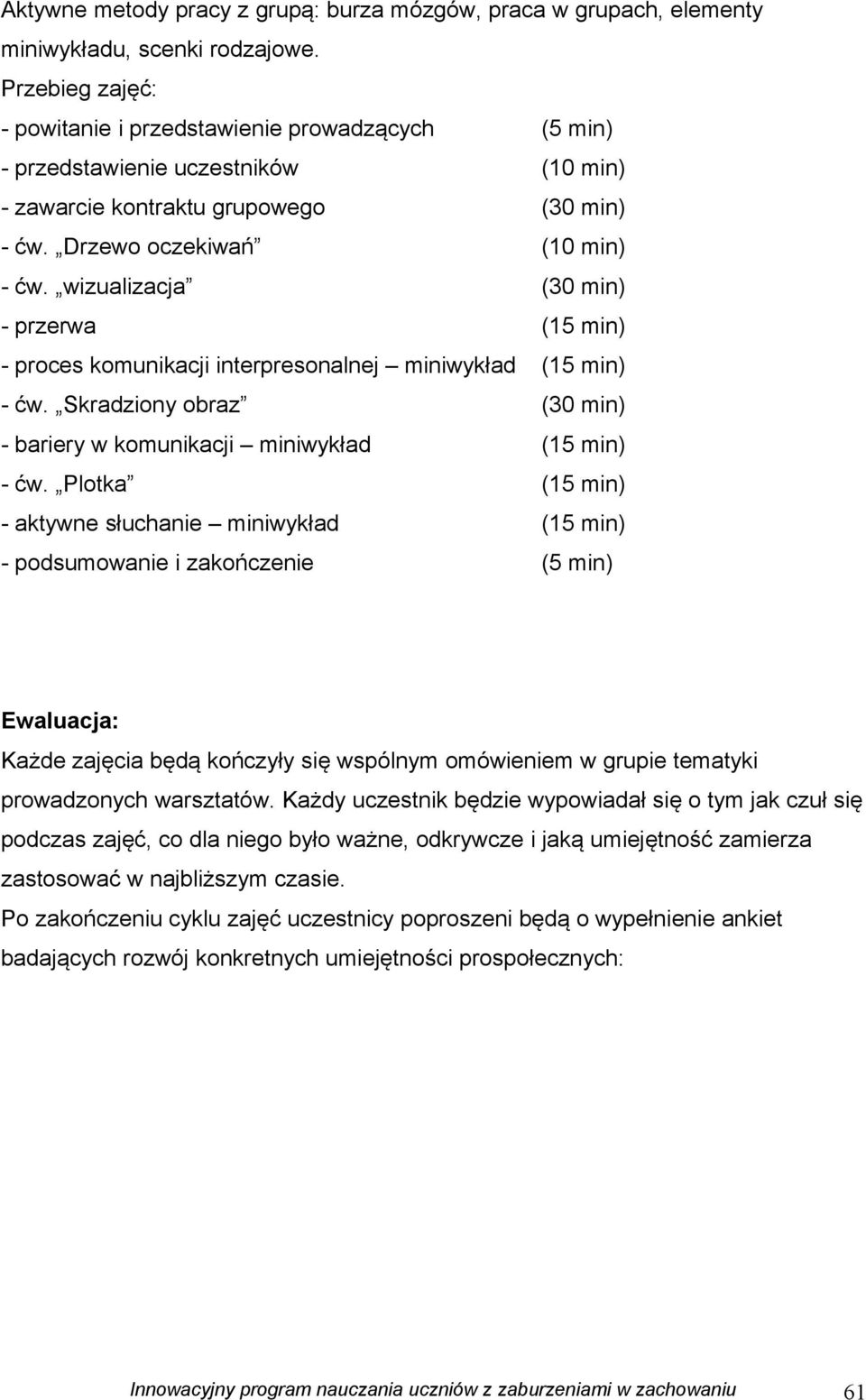 wizualizacja (30 min) - przerwa (15 min) - proces komunikacji interpresonalnej miniwykład (15 min) - ćw. Skradziony obraz (30 min) - bariery w komunikacji miniwykład (15 min) - ćw.