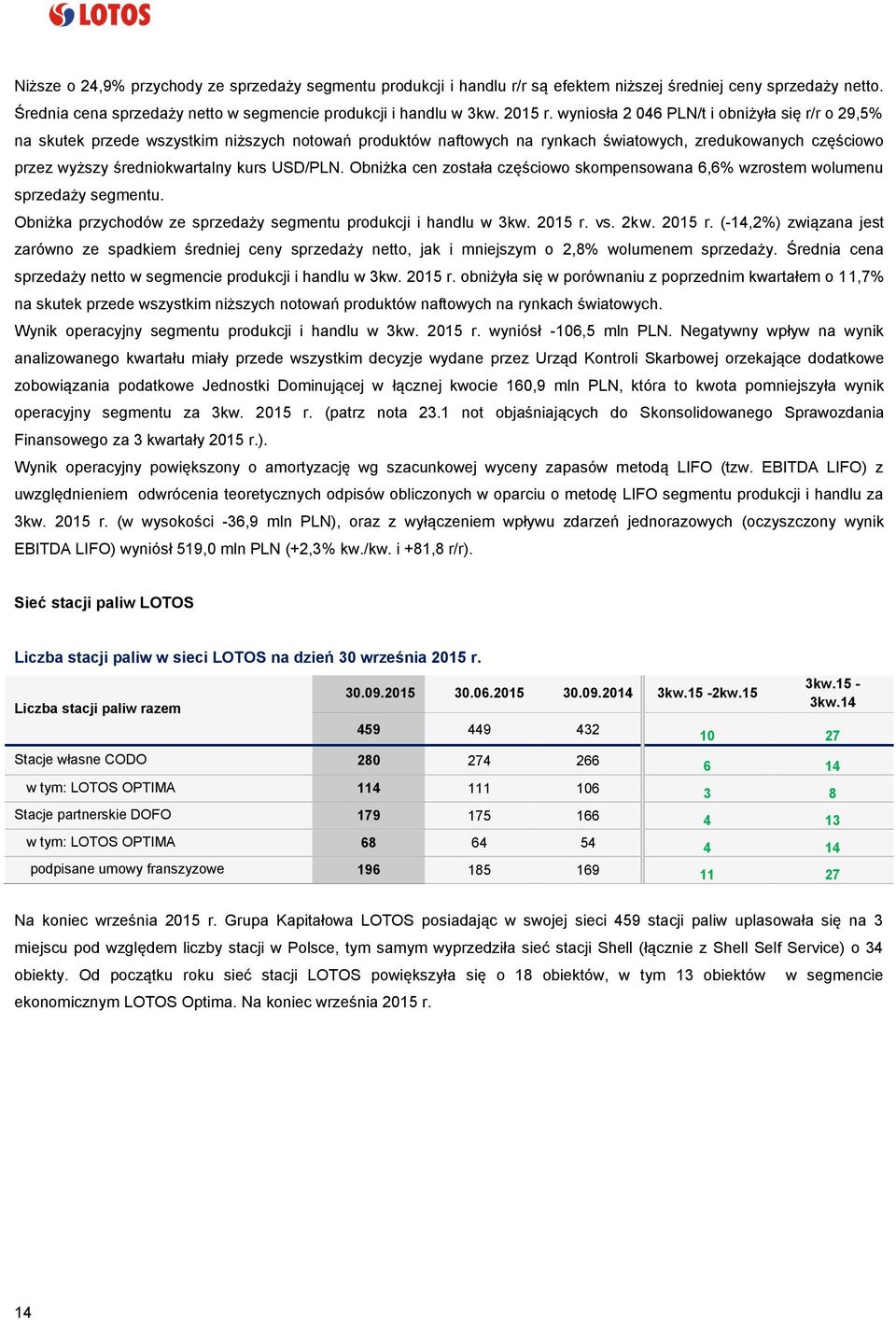 USD/PLN. Obniżka cen została częściowo skompensowana 6,6% wzrostem wolumenu sprzedaży segmentu. Obniżka przychodów ze sprzedaży segmentu produkcji i handlu w 3kw. 2015 r.