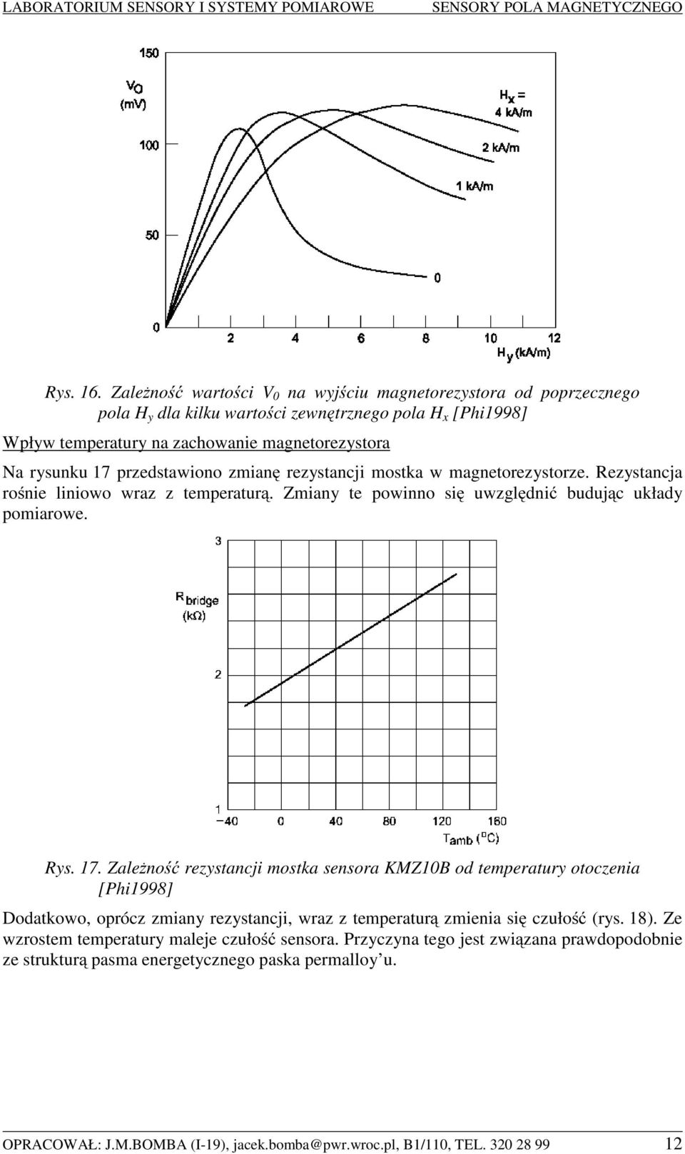 przedstawiono zmianę rezystancji mostka w magnetorezystorze. Rezystancja rośnie liniowo wraz z temperaturą. Zmiany te powinno się uwzględnić budując układy pomiarowe. Rys. 17.