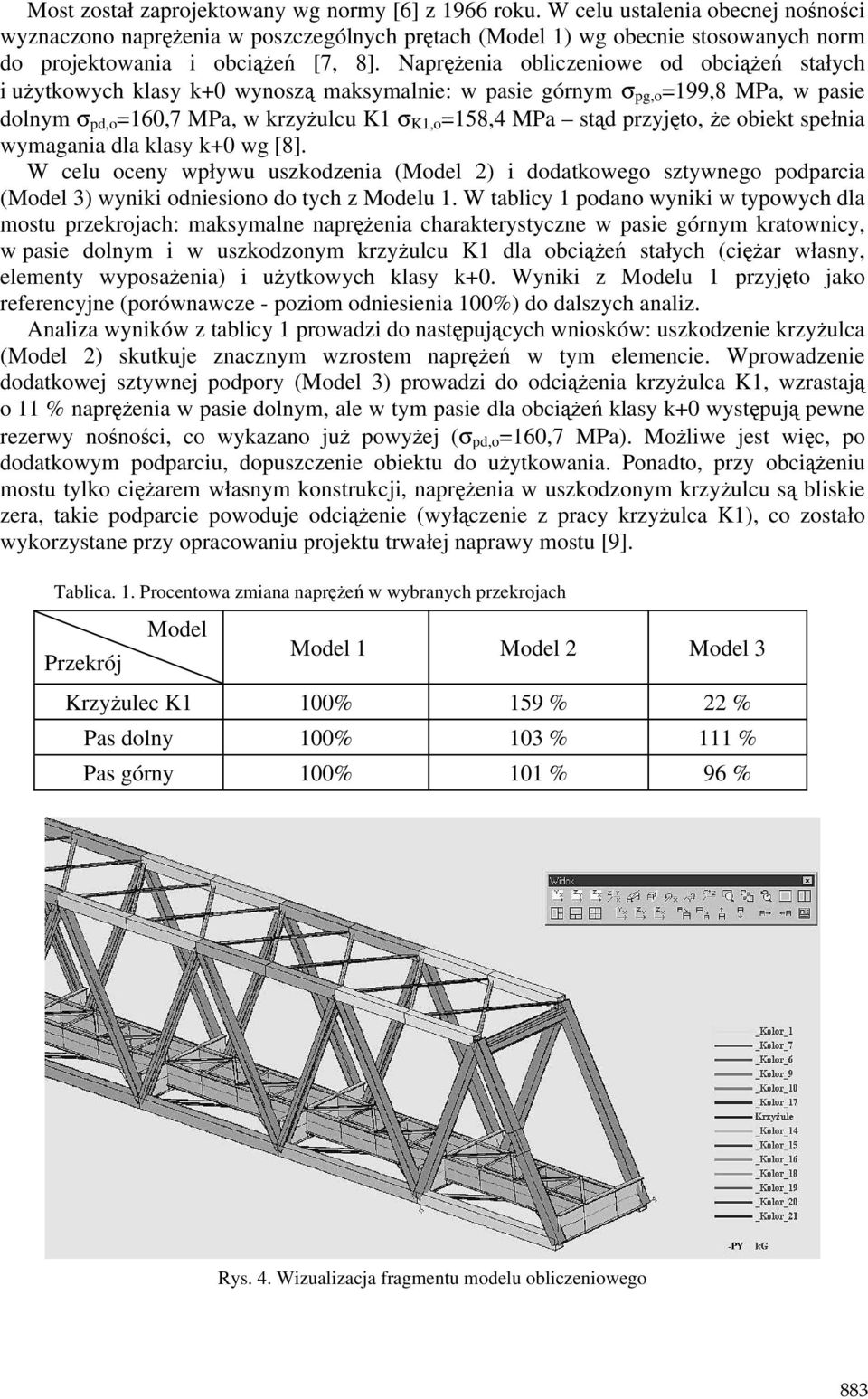 NapręŜenia obliczeniowe od obciąŝeń stałych i uŝytkowych klasy k+0 wynoszą maksymalnie: w pasie górnym σ pg,o =199,8 MPa, w pasie dolnym σ pd,o =160,7 MPa, w krzyŝulcu K1 σ K1,o =158,4 MPa stąd