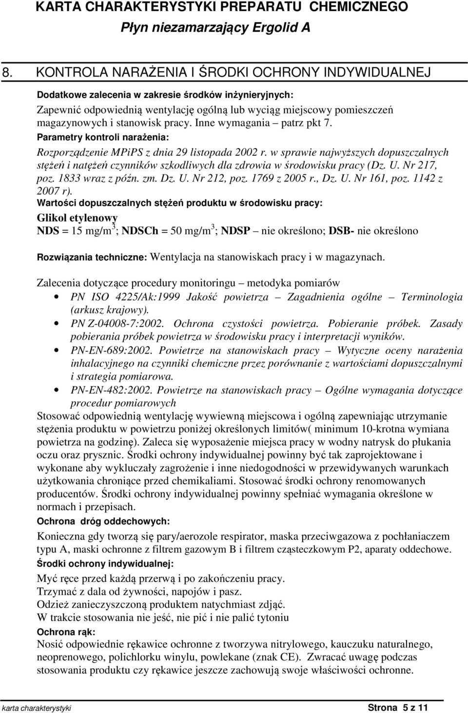 w sprawie najwyższych dopuszczalnych stężeń i natężeń czynników szkodliwych dla zdrowia w środowisku pracy (Dz. U. Nr 217, poz. 1833 wraz z późn. zm. Dz. U. Nr 212, poz. 1769 z 2005 r., Dz. U. Nr 161, poz.