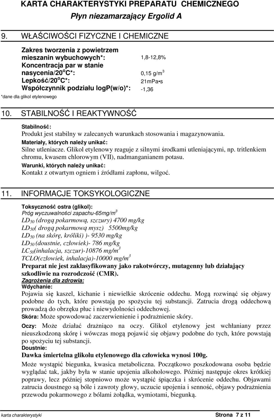 Materiały, których należy unikać: Silne utleniacze. Glikol etylenowy reaguje z silnymi środkami utleniającymi, np. tritlenkiem chromu, kwasem chlorowym (VII), nadmanganianem potasu.