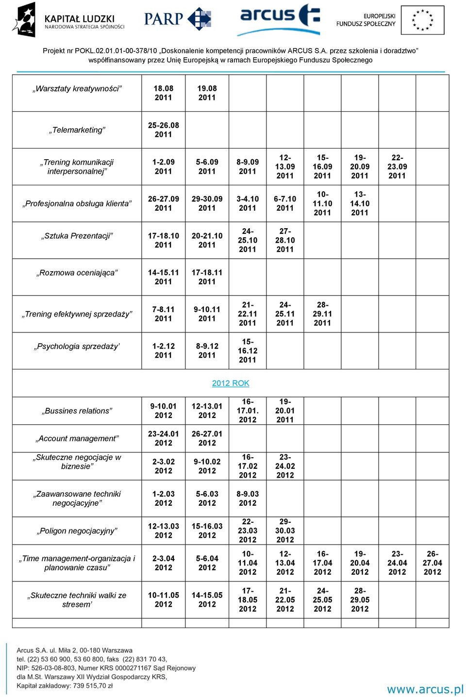 11 Psychologia sprzedaży 1-2.12 8-9.12 15-16.12 ROK Bussines relations 9-10.01 12-13.01 16-17.01. 19-20.01 Account management 23-24.01 26-27.01 Skuteczne negocjacje w biznesie 2-3.02 9-10.02 16-17.