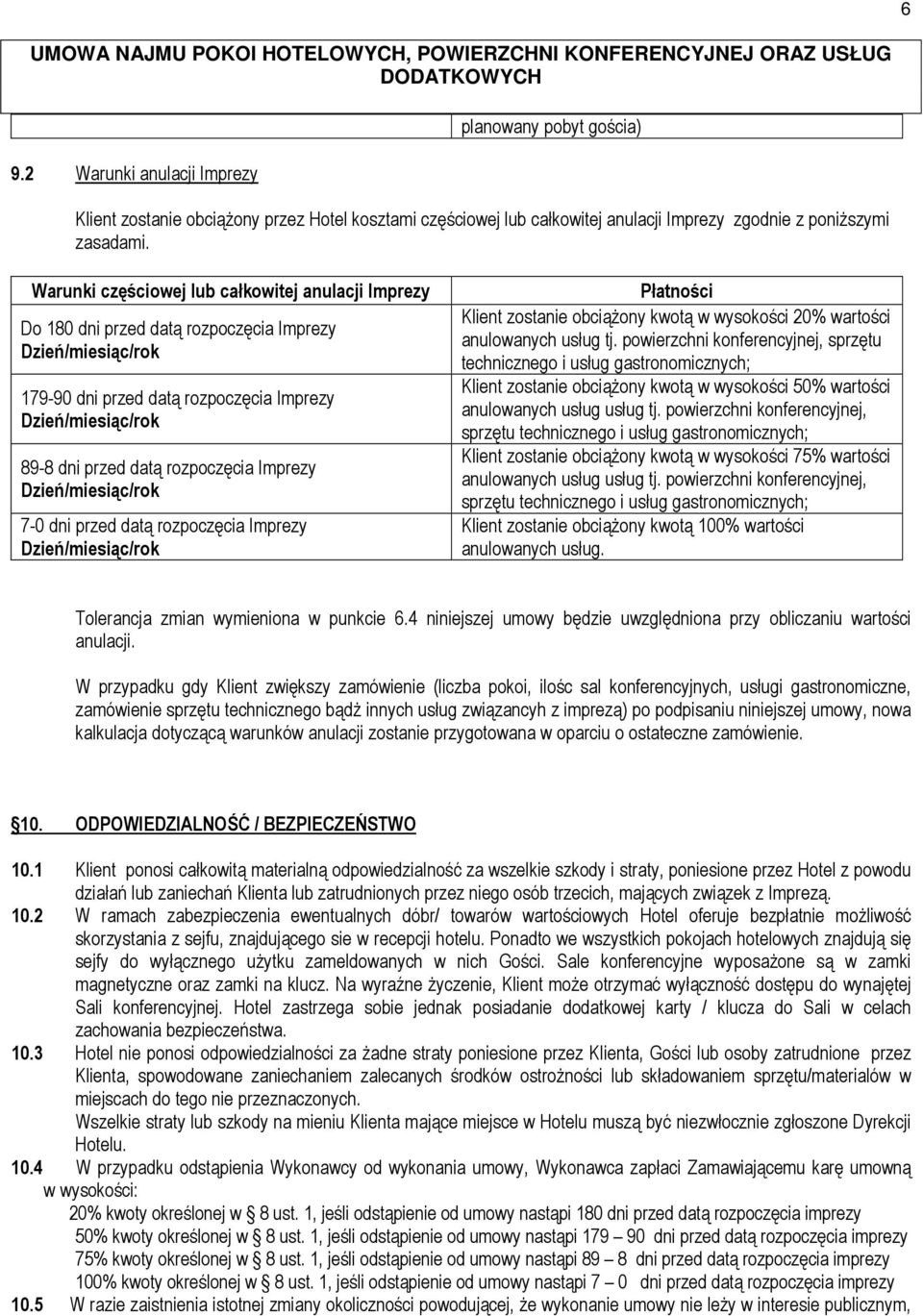 rozpoczęcia Imprezy Płatności Klient zostanie obciążony kwotą w wysokości 20% wartości anulowanych usług tj.
