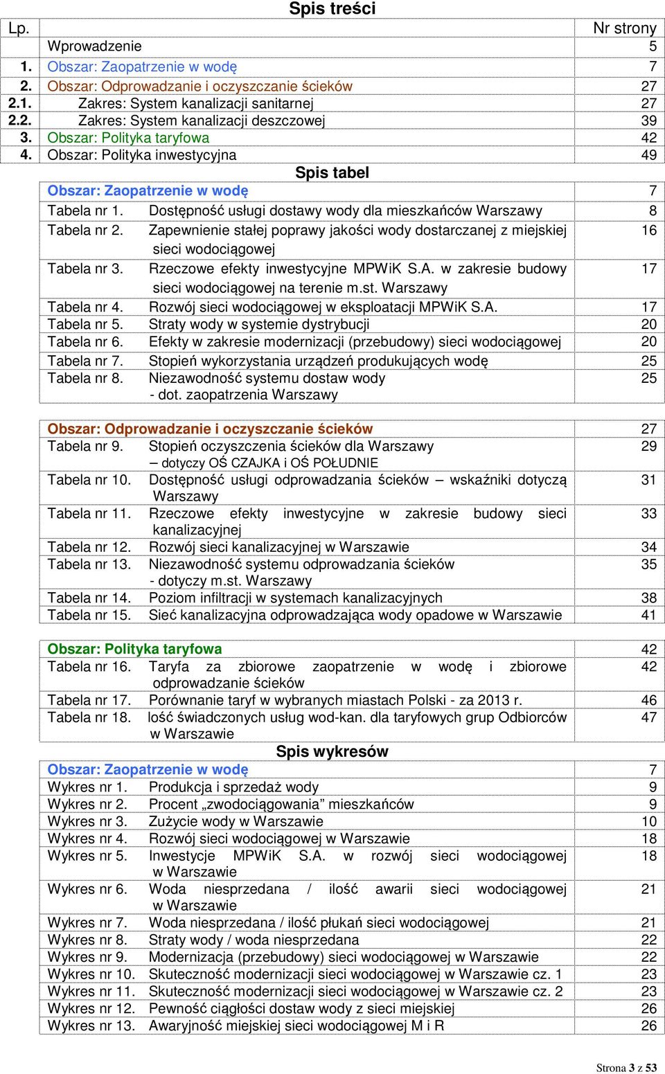 Zapewnienie stałej poprawy jakości wody dostarczanej z miejskiej 16 sieci wodociągowej Tabela nr 3. Rzeczowe efekty inwestycyjne MPWiK S.A. w zakresie budowy 17 sieci wodociągowej na terenie m.st. Warszawy Tabela nr 4.
