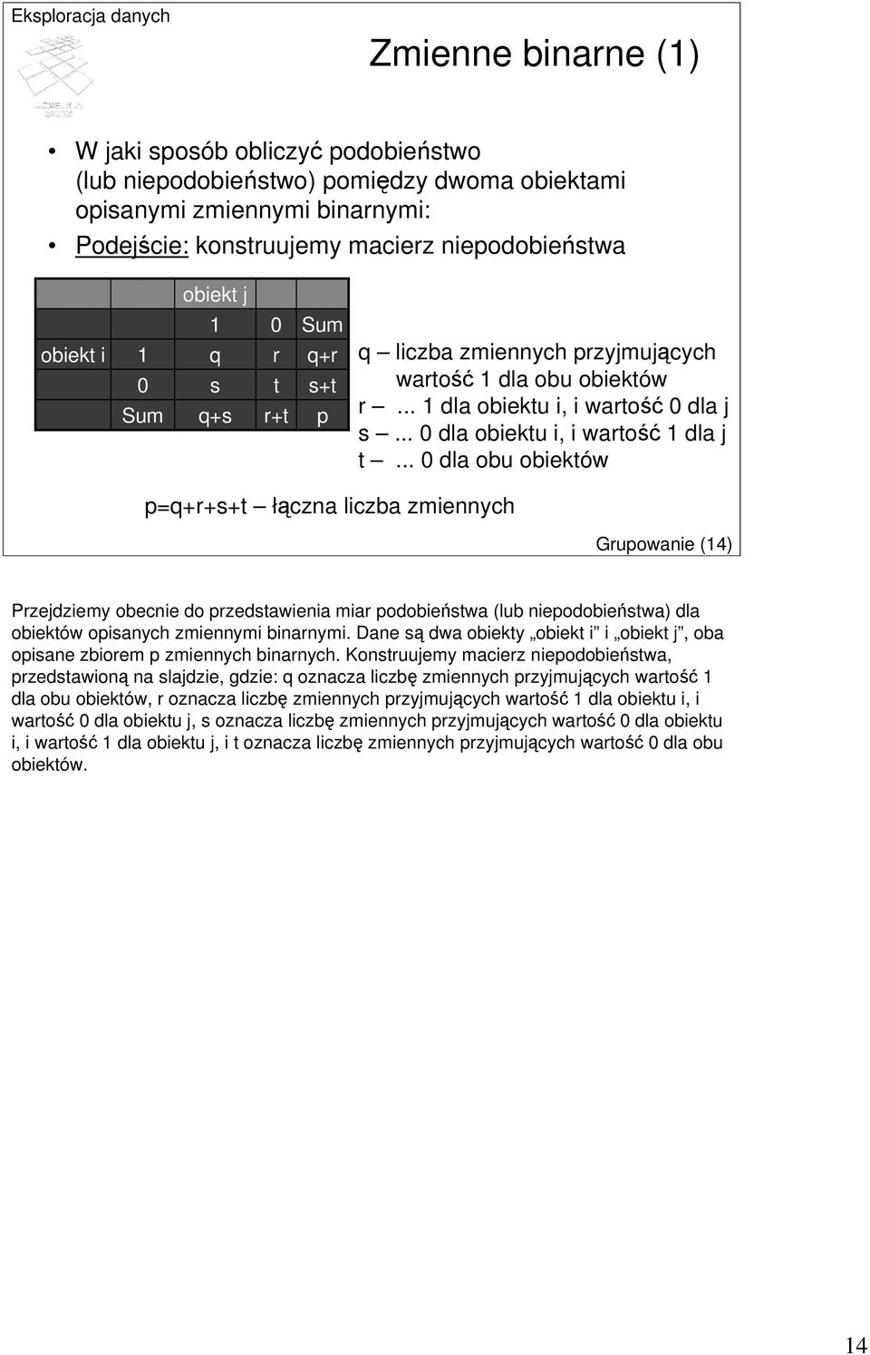 .. 0 dla obu obiektów p=q+r+s+t łączna liczba zmiennych Grupowanie (14) Przejdziemy obecnie do przedstawienia miar podobieństwa (lub niepodobieństwa) dla obiektów opisanych zmiennymi binarnymi.