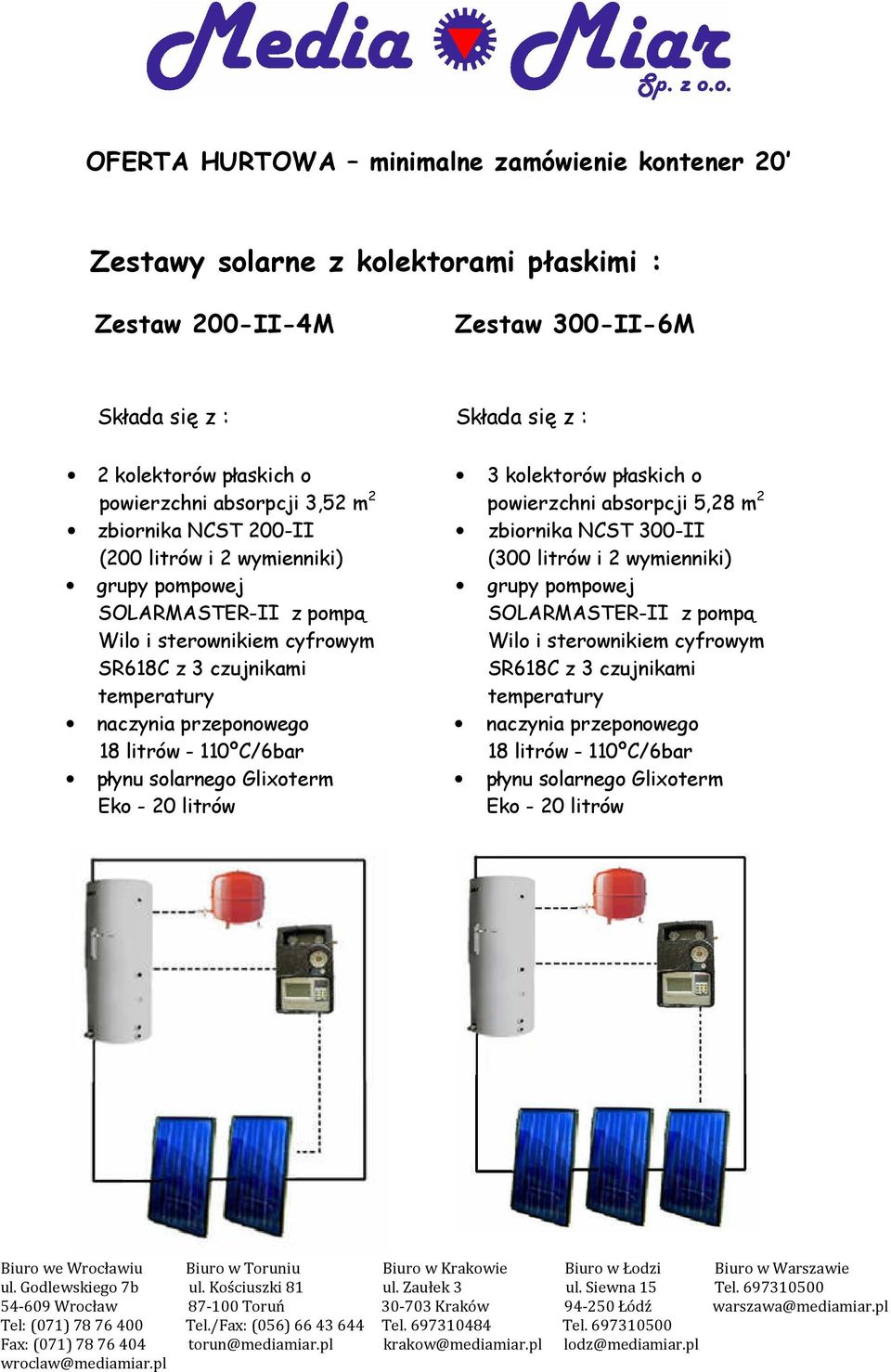 litrów - 110ºC/6bar płynu solarnego Glixoterm Eko - 20 litrów Składa się z : 3 kolektorów płaskich o powierzchni absorpcji 5,28 m 2 zbiornika NCST 300-II (300 litrów i 2 wymienniki)