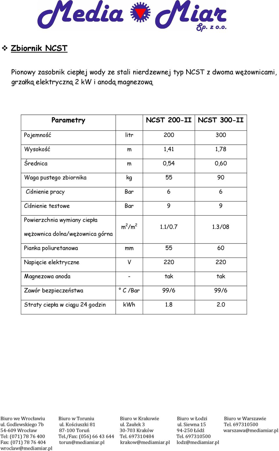 pracy Bar 6 6 Ciśnienie testowe Bar 9 9 Powierzchnia wymiany ciepła węŝownica dolna/węŝownica górna m 2 /m 2 1.1/0.7 1.