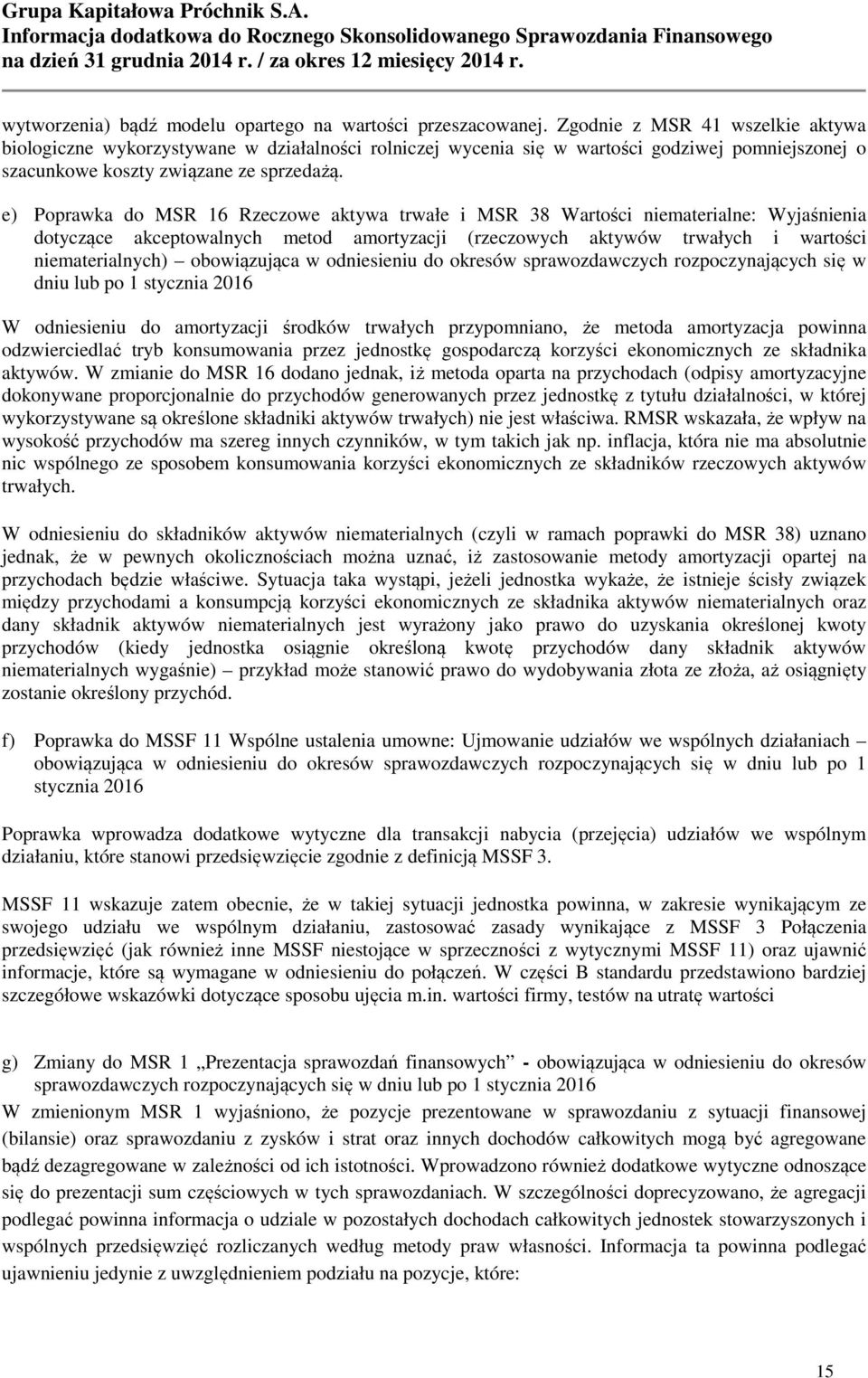 e) Poprawka do MSR 16 Rzeczowe aktywa trwałe i MSR 38 Wartości niematerialne: Wyjaśnienia dotyczące akceptowalnych metod amortyzacji (rzeczowych aktywów trwałych i wartości niematerialnych)