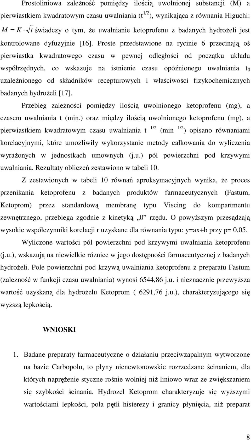 Proste przedstawione na rycinie 6 przecinają oś pierwiastka kwadratowego czasu w pewnej odległości od początku układu współrzędnych, co wskazuje na istnienie czasu opóźnionego uwalniania t 0