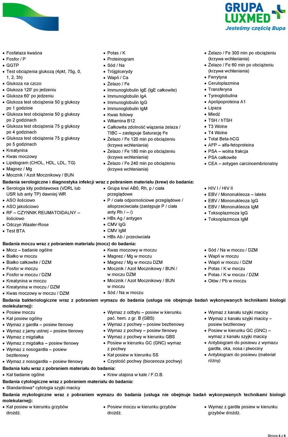 HDL, LDL, TG) Magnez / Mg Mocznik / Azot Mocznikowy / BUN Potas / K Proteinogram Sód / Na Trójglicerydy Wapń / Ca Żelazo / Fe Immunoglobulin IgE (IgE całkowite) Immunoglobulin IgA Immunoglobulin IgG