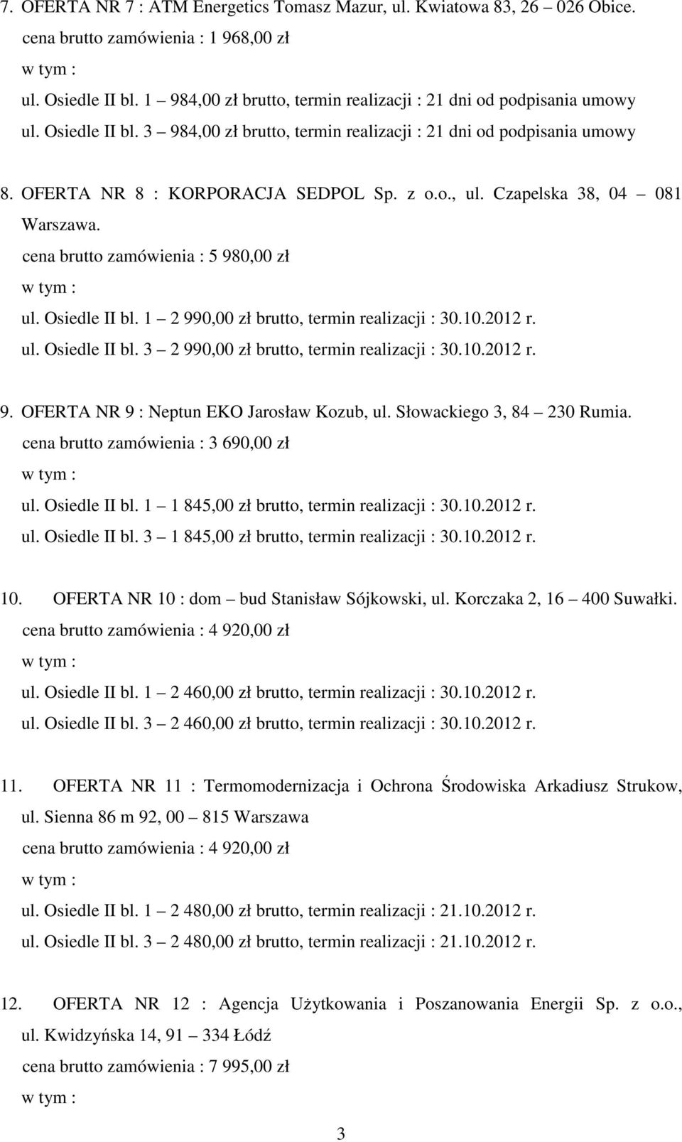 Czapelska 38, 04 081 Warszawa. cena brutto zamówienia : 5 980,00 zł ul. Osiedle II bl. 1 2 990,00 zł brutto, termin realizacji : 30.10.2012 r. ul. Osiedle II bl. 3 2 990,00 zł brutto, termin realizacji : 30.