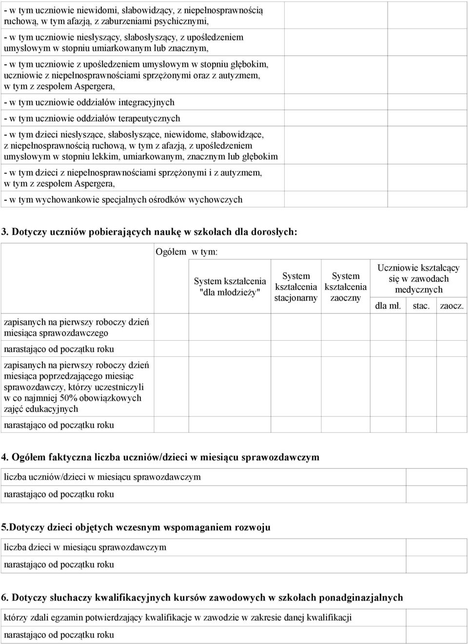 oddziałów integracyjnych - w tym uczniowie oddziałów terapeutycznych - w tym dzieci niesłyszące, słabosłyszące, niewidome, słabowidzące, z niepełnosprawnością ruchową, w tym z afazją, z upośledzeniem