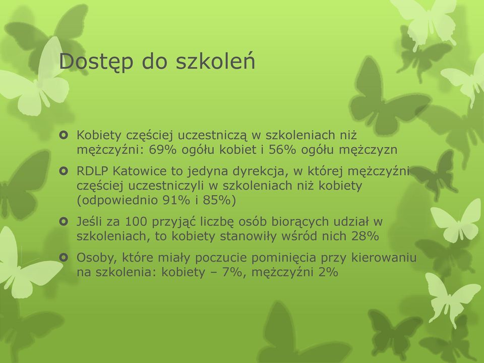 kobiety (odpowiednio 91% i 85%) Jeśli za 100 przyjąć liczbę osób biorących udział w szkoleniach, to kobiety