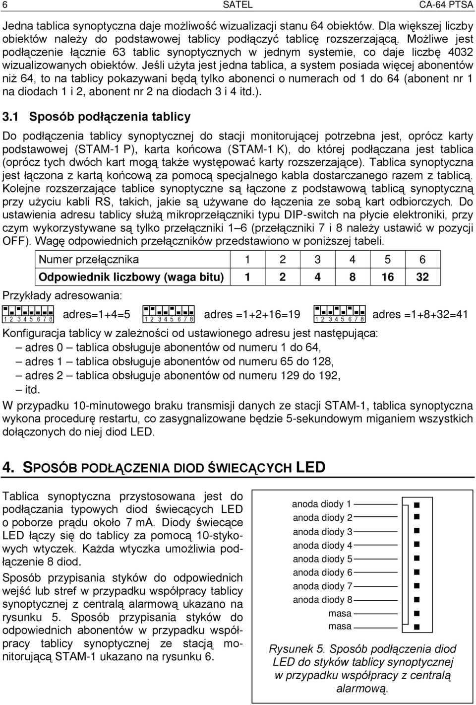 Jeśli użyta jest jedna tablica, a system posiada więcej abonentów niż 64, to na tablicy pokazywani będą tylko abonenci o numerach od 1 do 64 (abonent nr 1 na diodach 1 i 2, abonent nr 2 na diodach 3