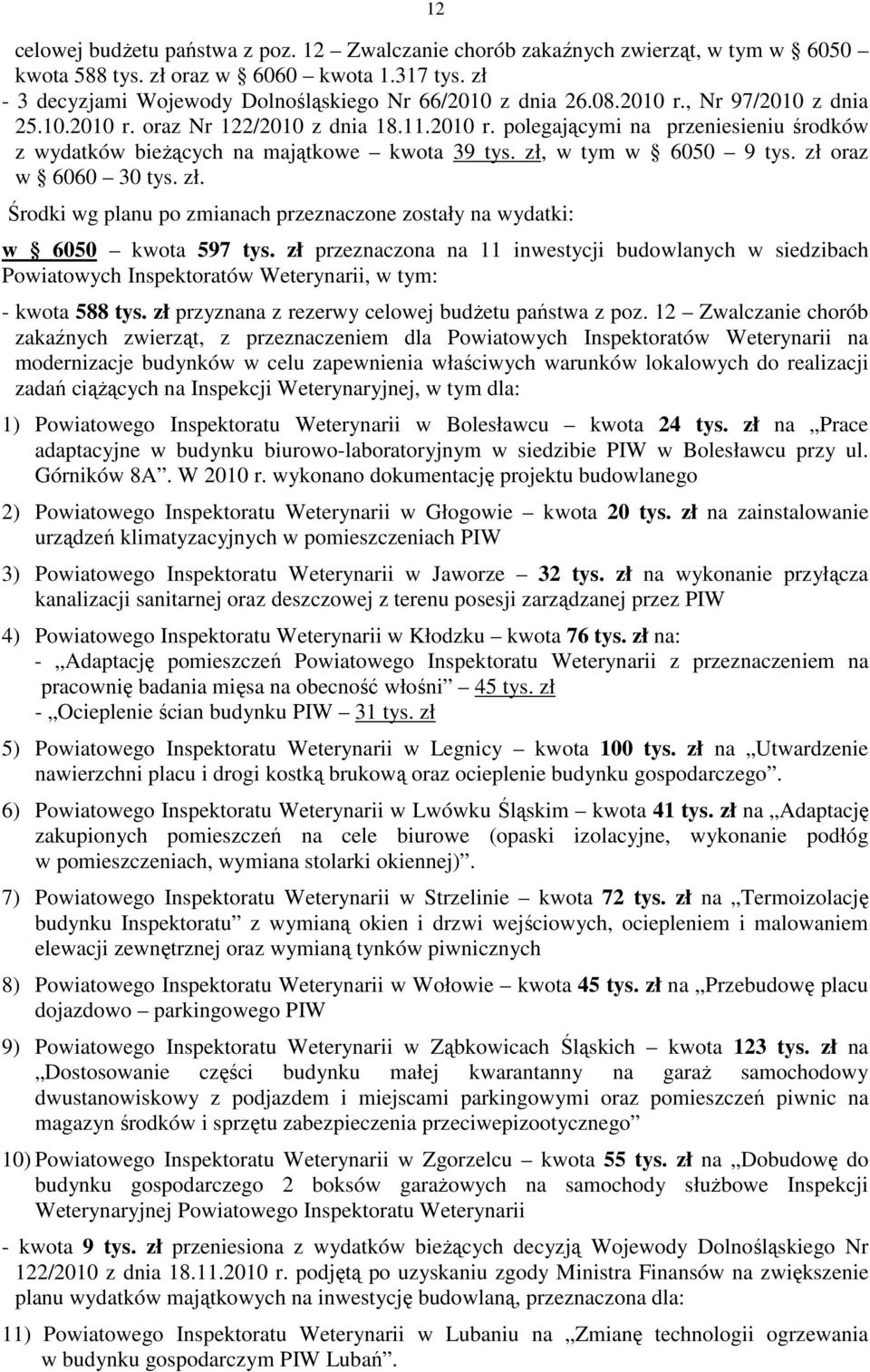 zł oraz w 6060 30 tys. zł. Środki wg planu po zmianach przeznaczone zostały na wydatki: w 6050 kwota 597 tys.