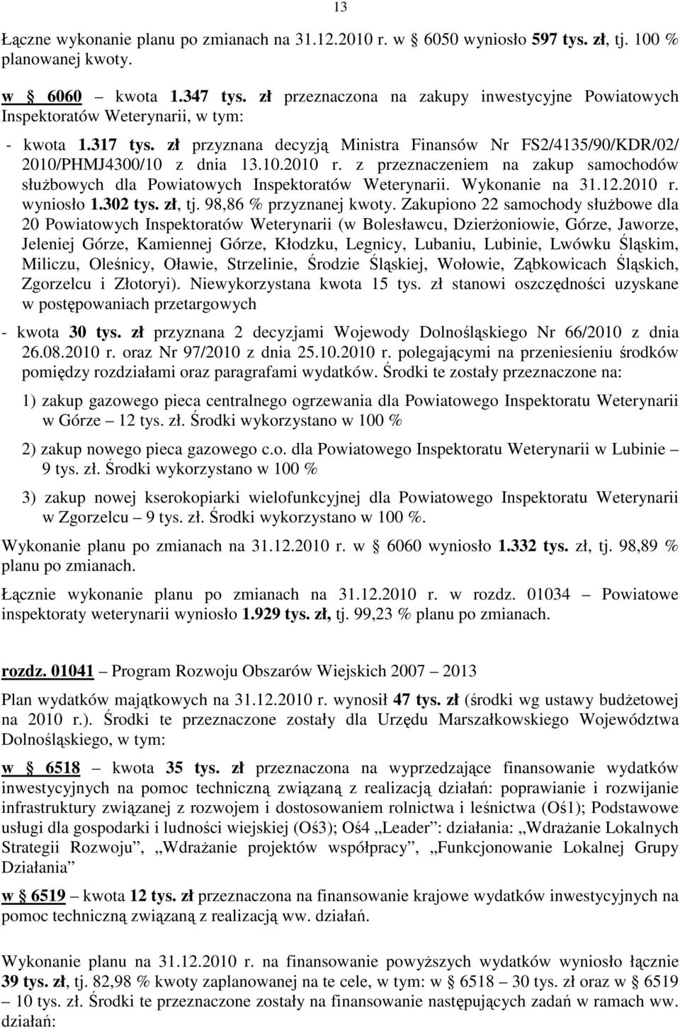 z przeznaczeniem na zakup samochodów służbowych dla Powiatowych Inspektoratów Weterynarii. Wykonanie na 31.12.2010 r. wyniosło 1.302 tys. zł, tj. 98,86 % przyznanej kwoty.