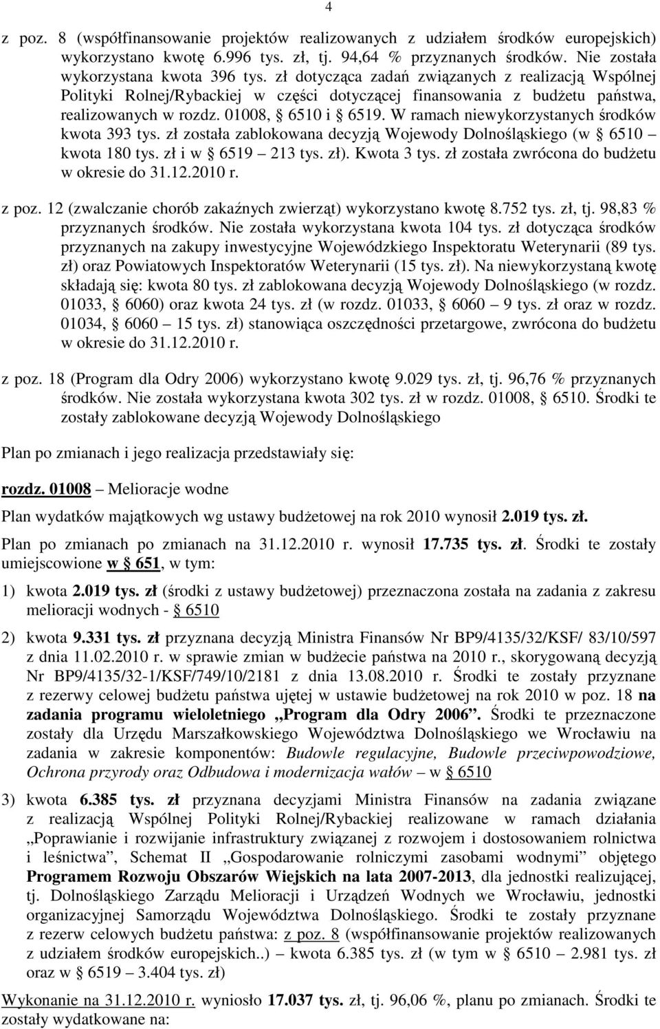 W ramach niewykorzystanych środków kwota 393 tys. zł została zablokowana decyzją Wojewody Dolnośląskiego (w 6510 kwota 180 tys. zł i w 6519 213 tys. zł). Kwota 3 tys.