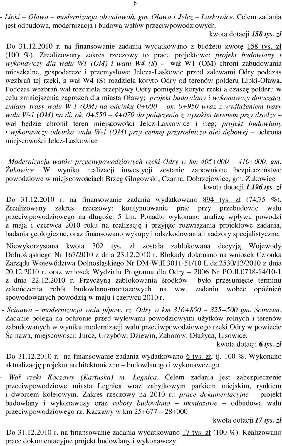 Zrealizowany zakres rzeczowy to prace projektowe: projekt budowlany i wykonawczy dla wału W1 (OM) i wału W4 (S) - wał W1 (OM) chroni zabudowania mieszkalne, gospodarcze i przemysłowe Jelcza-Laskowic