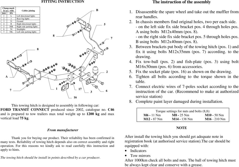 FITTING INSTRUCTION 1 This towing hitch is designed to assembly in following car: FORD TRANSIT CONNECT produced since 2002, catalogue no.