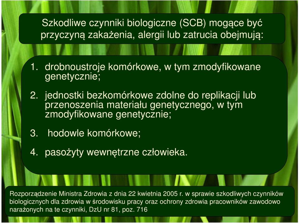 jednostki bezkomórkowe zdolne do replikacji lub przenoszenia materiału genetycznego, w tym zmodyfikowane genetycznie; 3.