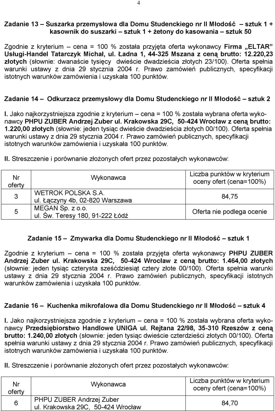 Oferta spełnia Zadanie 14 Odkurzacz przemysłowy dla Domu Studenckiego nr II Młodość sztuk 2 z ceną brutto: 1.220,00 złotych (słownie: jeden tysiąc dwieście dwadzieścia złotych 00/100).