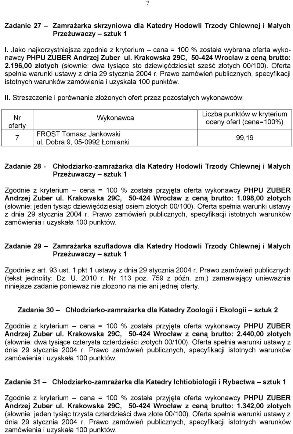 Dobra 9, 05-0992 Łomianki 99,19 Zadanie 28 - Chłodziarko-zamrażarka dla Katedry Hodowli Trzody Chlewnej i Małych Przeżuwaczy sztuk 1 Andrzej Zuber z ceną brutto: 1.