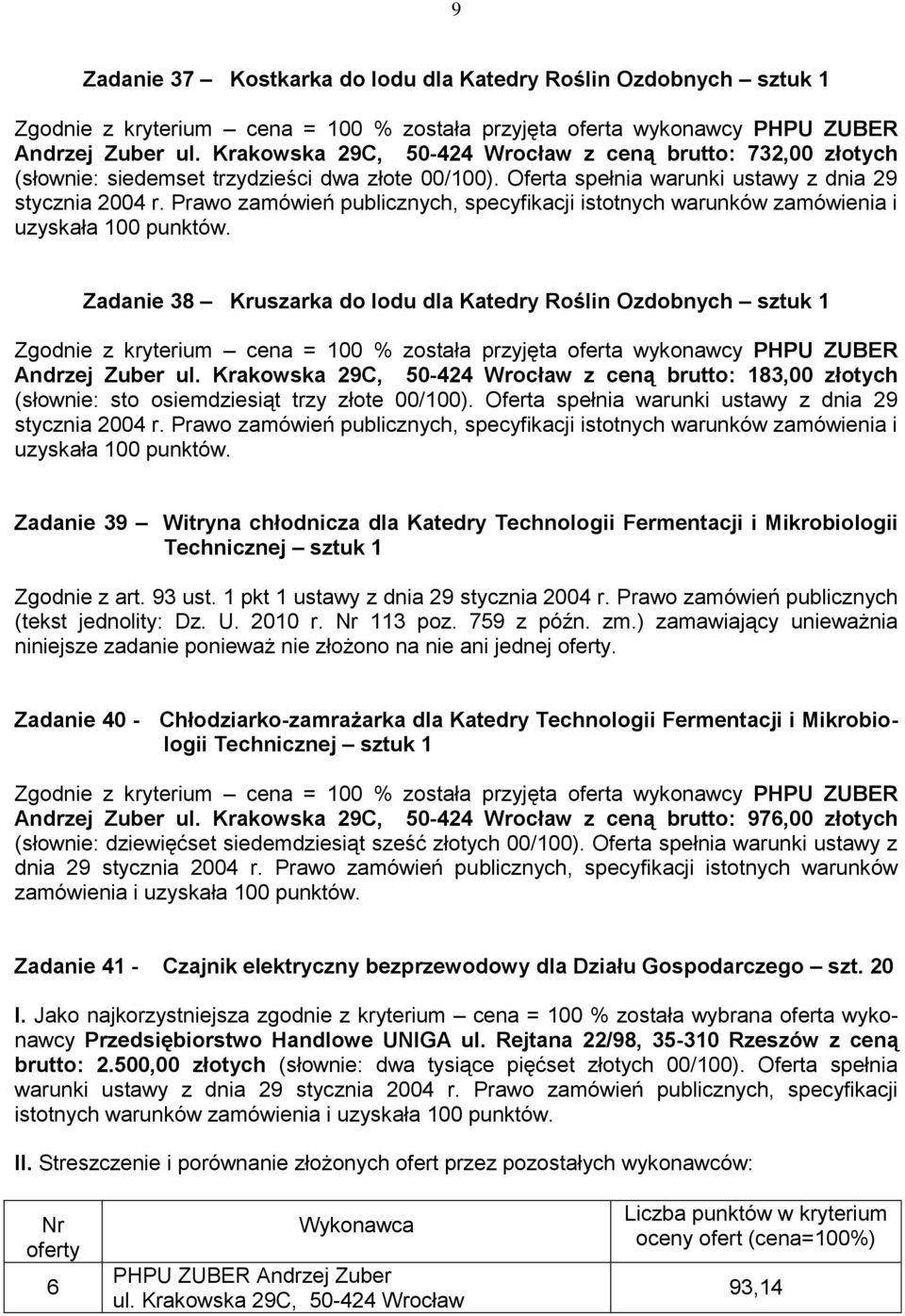 Oferta spełnia warunki ustawy z dnia 29 Zadanie 39 Witryna chłodnicza dla Katedry Technologii Fermentacji i Mikrobiologii Technicznej sztuk 1 Zgodnie z art. 93 ust.