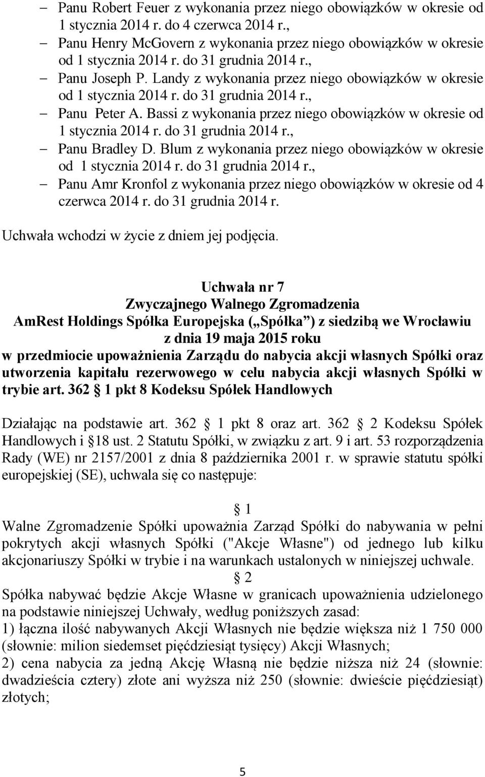 Blum z wykonania przez niego obowiązków w okresie Panu Amr Kronfol z wykonania przez niego obowiązków w okresie od 4 czerwca 2014 r. do 31 grudnia 2014 r.