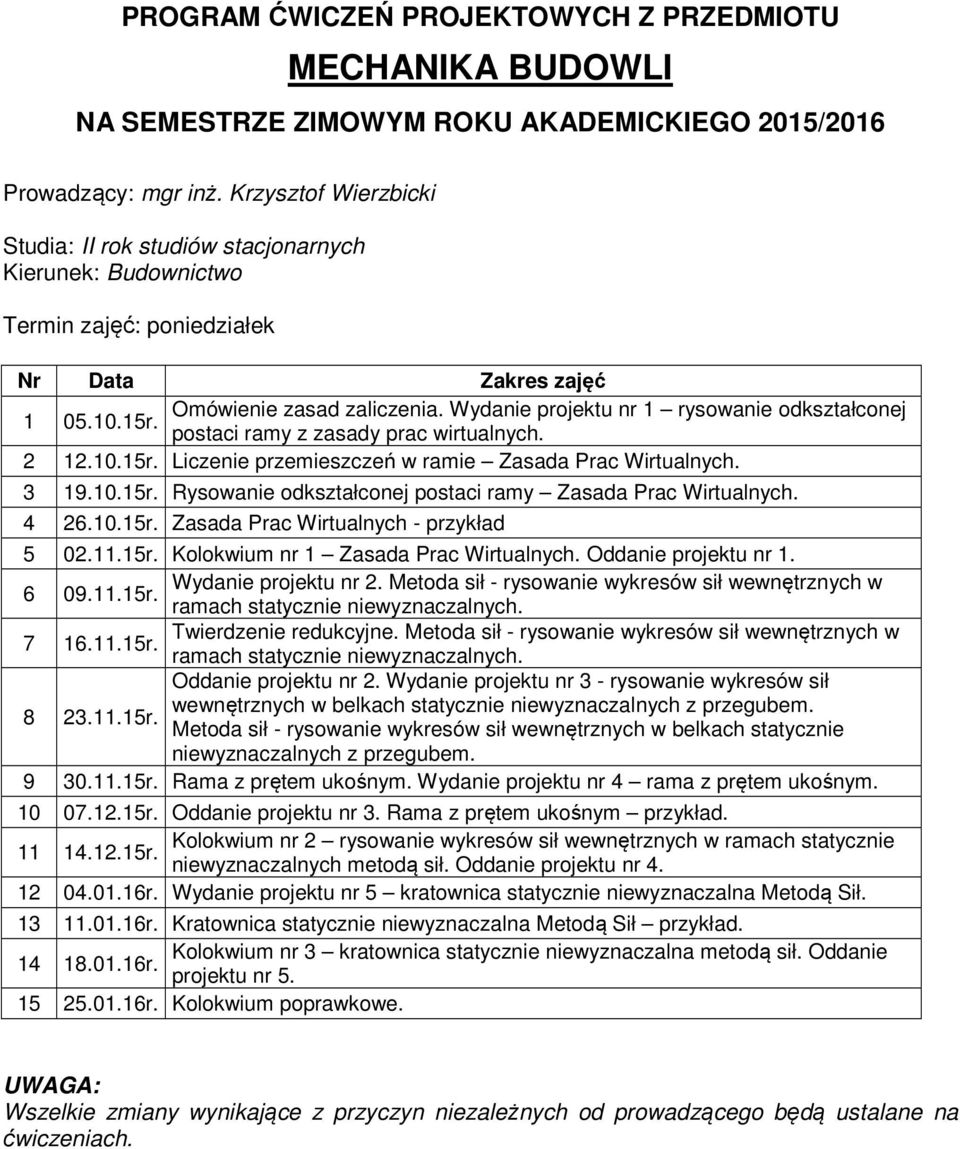 11.15r. Rama z prętem ukośnym. Wydanie projektu nr 4 rama z prętem ukośnym. 10 07.12.15r. Oddanie projektu nr 3. Rama z prętem ukośnym przykład. 11 14.12.15r. 12 04.01.16r.