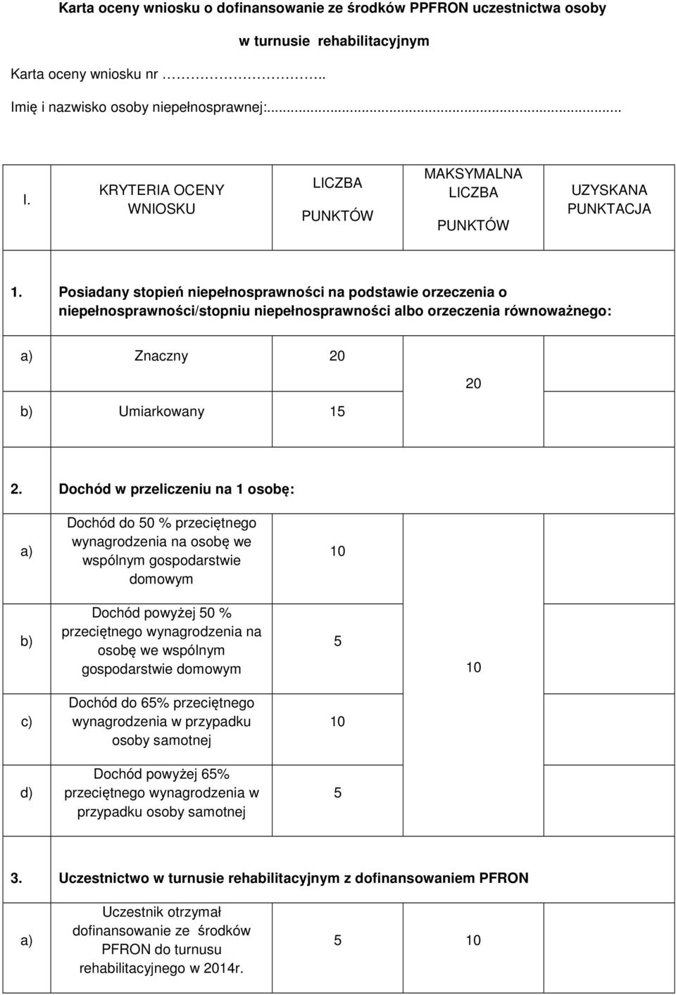 Posiadany stopień niepełnosprawności na podstawie orzeczenia o niepełnosprawności/stopniu niepełnosprawności albo orzeczenia równoważnego: a) Znaczny 20 b) Umiarkowany 15 20 2.