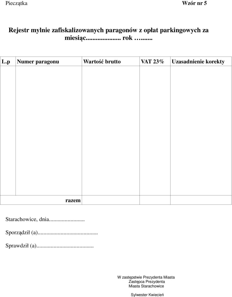 p Numer paragonu Wartość brutto VAT 23% Uzasadnienie korekty razem Starachowice,