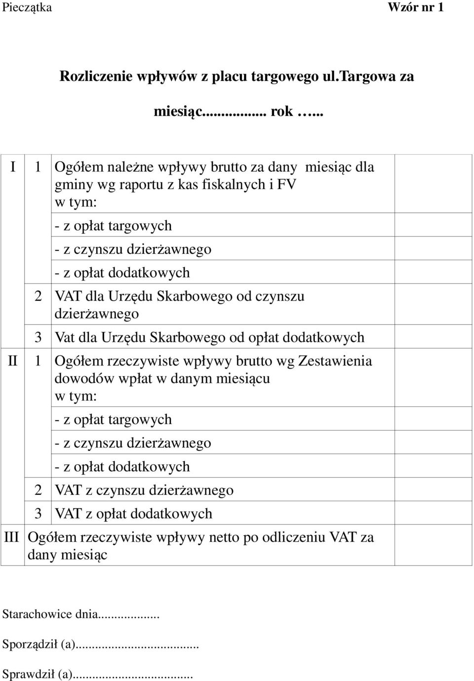 VAT dla Urzędu Skarbowego od czynszu dzierżawnego 3 Vat dla Urzędu Skarbowego od opłat dodatkowych II 1 Ogółem rzeczywiste wpływy brutto wg Zestawienia dowodów wpłat w danym