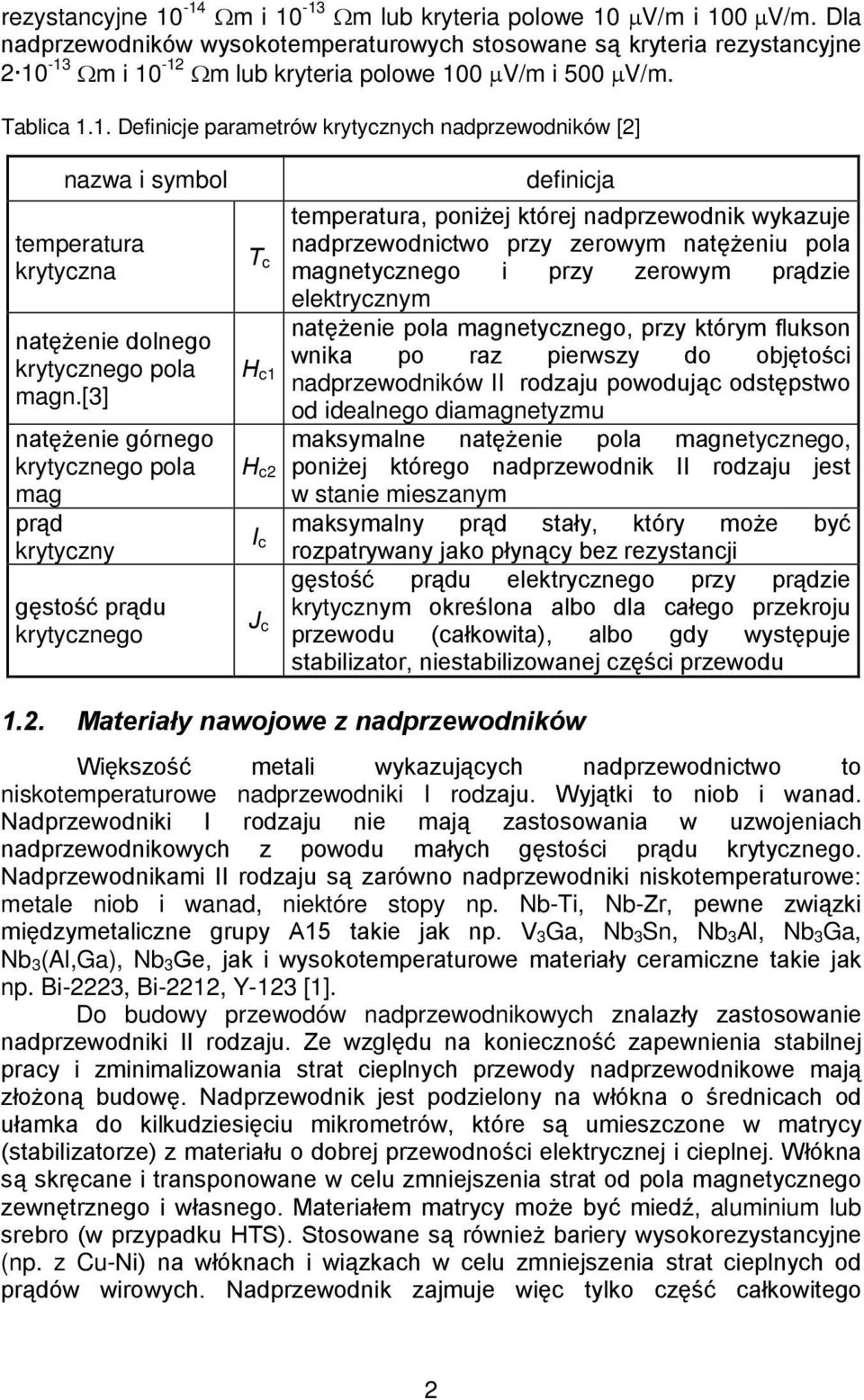 -13 Ωm i 10-12 Ωm lub kryteria polowe 100 µv/m i 500 µv/m. Tablica 1.1. Definicje parametrów krytycznych nadprzewodników [2] nazwa i symbol temperatura krytyczna natężenie dolnego krytycznego pola magn.