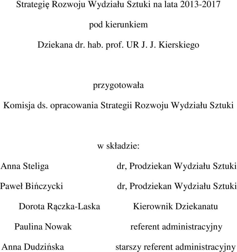 opracowania Strategii Rozwoju Wydziału Sztuki w składzie: Anna Steliga Paweł Bińczycki Dorota