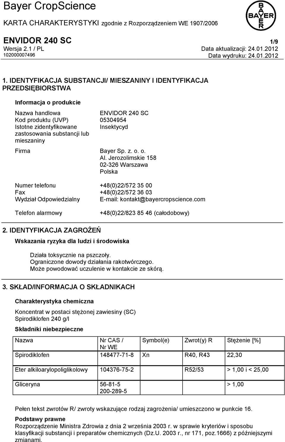 substancji lub mieszaniny Firma Bayer Sp. z. o. o. Al.