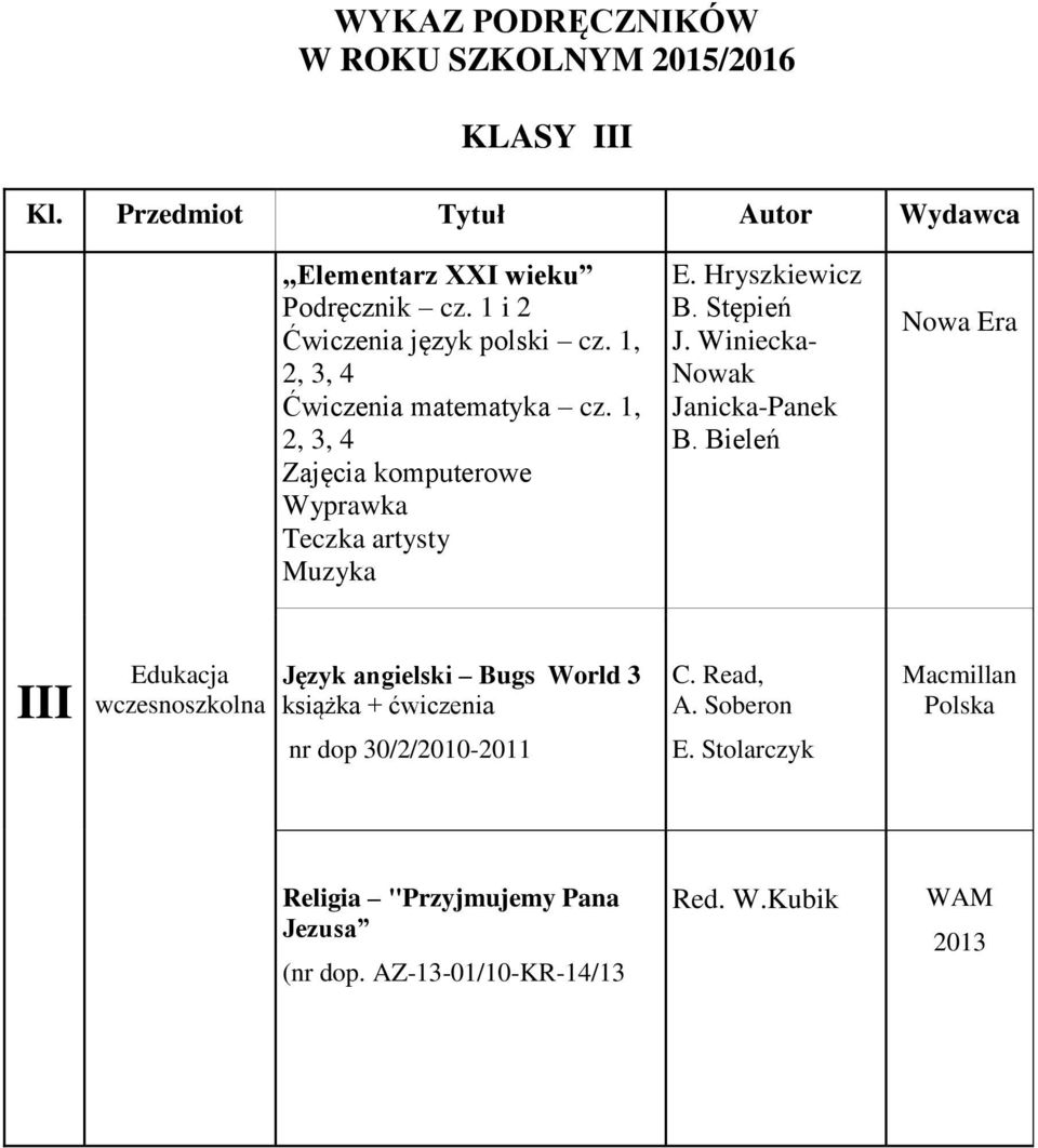 Bieleń III Edukacja wczesnoszkolna Nr dop.