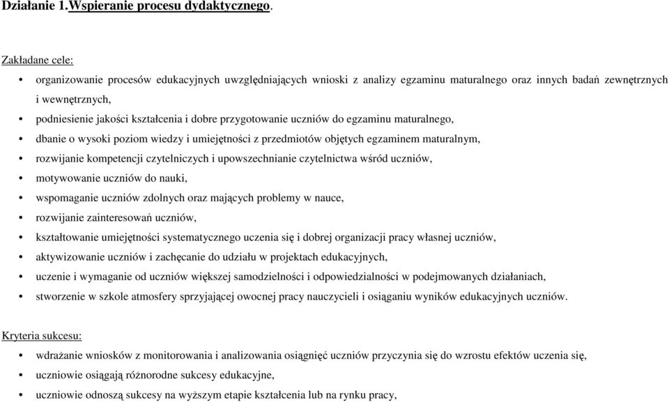 przygotowanie uczniów do egzaminu maturalnego, dbanie o wysoki poziom wiedzy i umiejętności z przedmiotów objętych egzaminem maturalnym, rozwijanie kompetencji czytelniczych i upowszechnianie