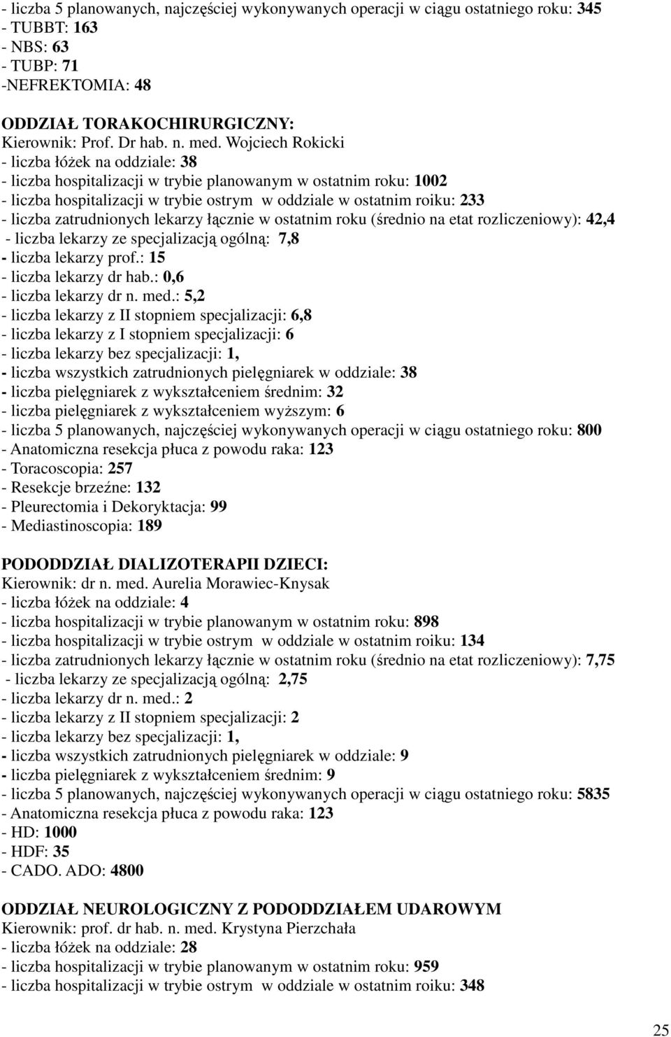 zatrudnionych lekarzy łącznie w ostatnim roku (średnio na etat rozliczeniowy): 42,4 - liczba lekarzy ze specjalizacją ogólną: 7,8 - liczba lekarzy prof.: 15 - liczba lekarzy dr hab.