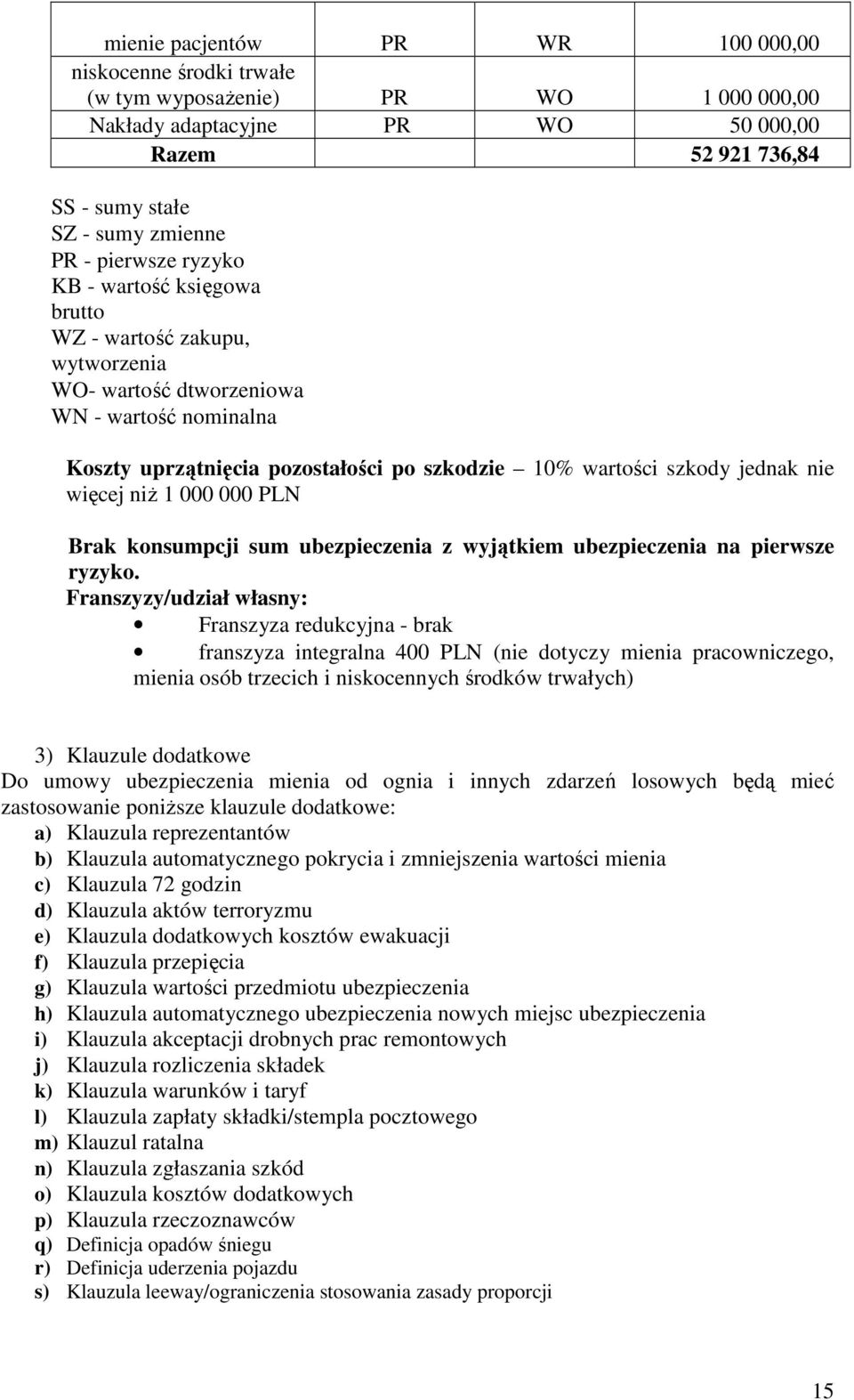 nie więcej niŝ 1 000 000 PLN Brak konsumpcji sum ubezpieczenia z wyjątkiem ubezpieczenia na pierwsze ryzyko.