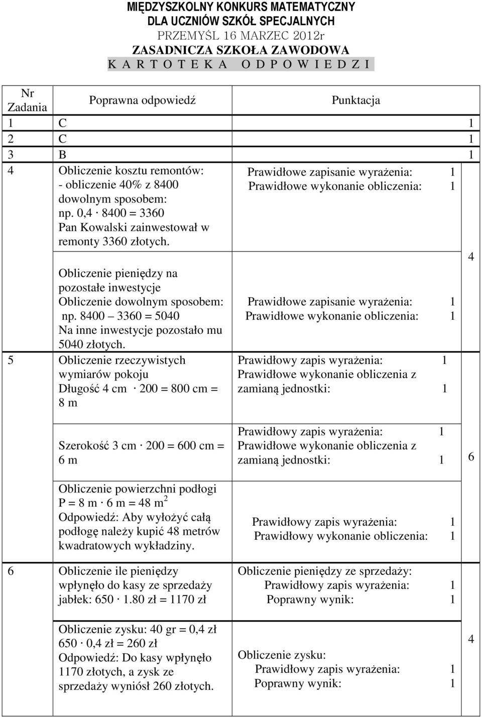 Prawidłowe wykonanie obliczenia: 1 4 5 Obliczenie pieniędzy na pozostałe inwestycje Obliczenie dowolnym sposobem: np. 8400 330 = 5040 Na inne inwestycje pozostało mu 5040 złotych.