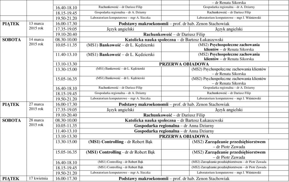 Kędzierski (MS2) Psychospołeczne zachowania klientów dr Renata Sikorska 11.40-13.10 (MS1) Bankowość dr L. Kędzierski (MS2) Psychospołeczne zachowania klientów dr Renata Sikorska 13.30-15.
