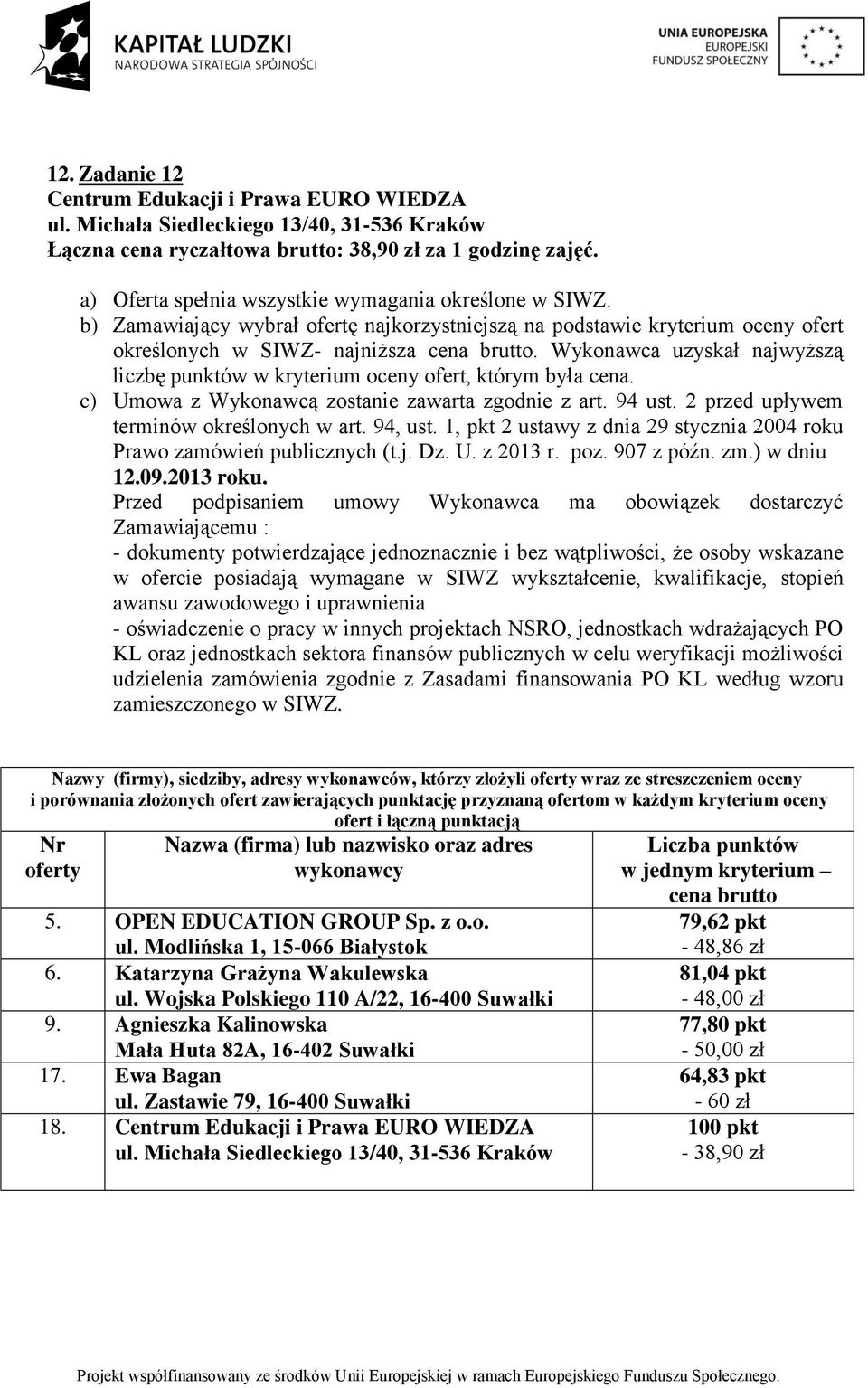 Agnieszka Kalinowska Mała Huta 82A, 16-402 Suwałki 17. Ewa Bagan ul. Zastawie 79, 16-400 Suwałki 18.