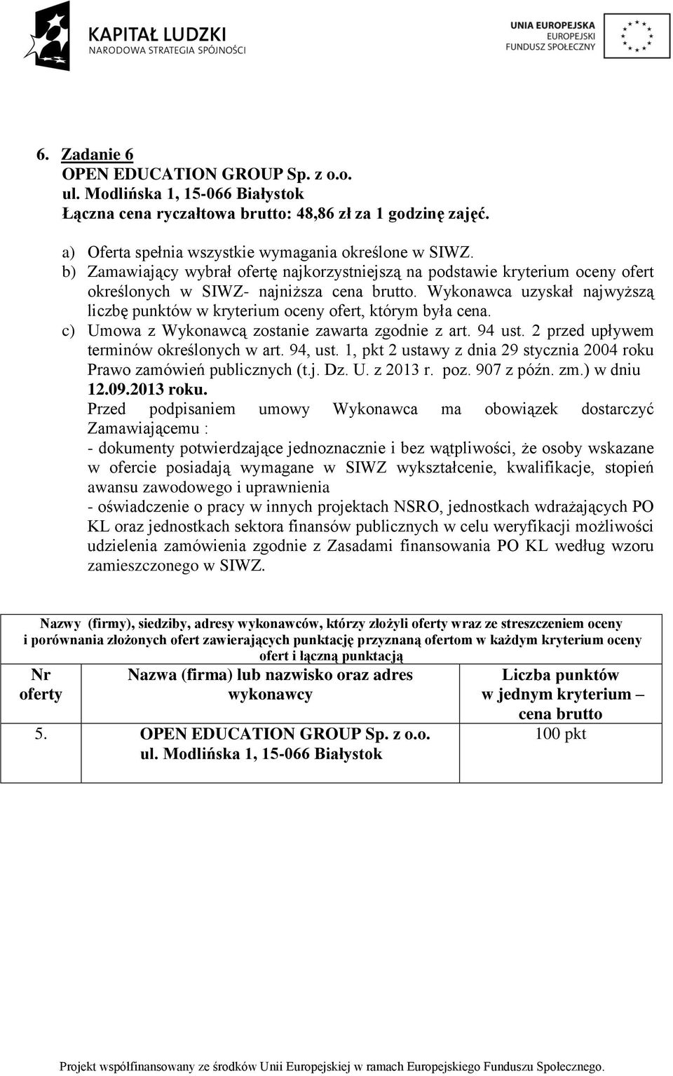 o. Łączna cena ryczałtowa