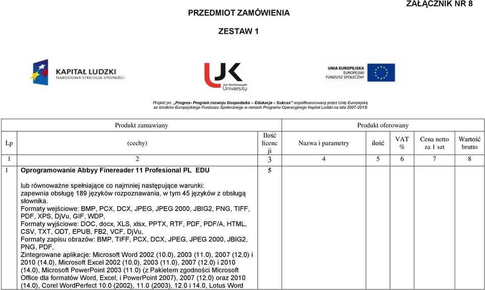 2007-2013i Lp Produkt zamawiany (cechy) Ilość licenc ji Nazwa i parametry Produkt oferowany ilość VAT % Cena netto za 1 szt 1 2 3 4 5 6 7 8 1 Oprogramowanie Abbyy Finereader 11 Profesional PL EDU lub