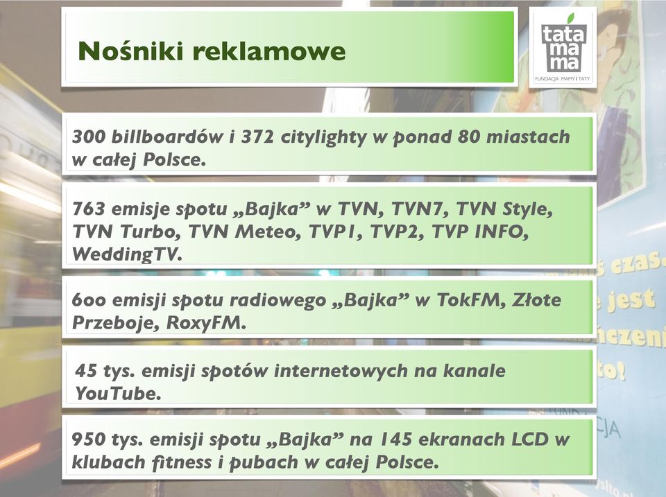 WeddingTV. 6oo emisji spotu radiowego Bajka w TokFM, Złote Przeboje, RoxyFM. 45 tys.
