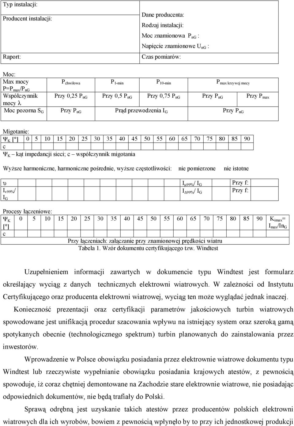 20 25 30 35 40 45 50 55 60 65 70 75 80 85 90 c Ψ K kąt impedancji sieci; c współczynnik migotania Wyższe harmoniczne, harmoniczne pośrednie, wyższe częstotliwości: nie pomierzone nie istotne υ I µ99%