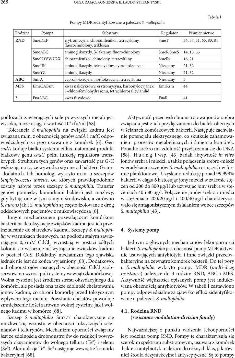fluorochinolony SmeR SmeS 14, 15, 55 SmeU1VWU2X chloramfenikol, chinolony, tetracykliny SmeRv 16, 21 SmeIJK aminoglikozydy, tetracykliny, cyprofloksacyna Nieznany 21, 32 SmeYZ aminoglikozydy Nieznany